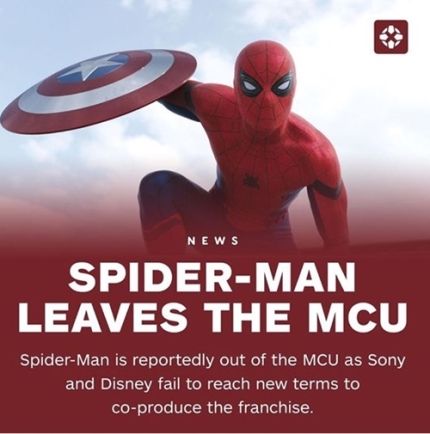 ▲ 스파이더맨이 MCU를 떠난다. 이유는 소니와의 저작권 문제로 디즈니와 소니픽처스간 협상이 결렬됐기 때문이다. (인터넷 커뮤니티 4CHAN 캡처)